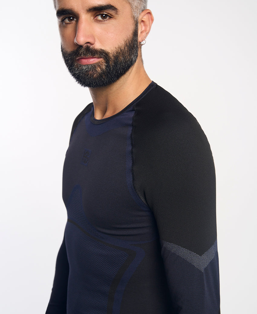 Tee-shirt manches longues homme NORTH double couche noir et bleu marine