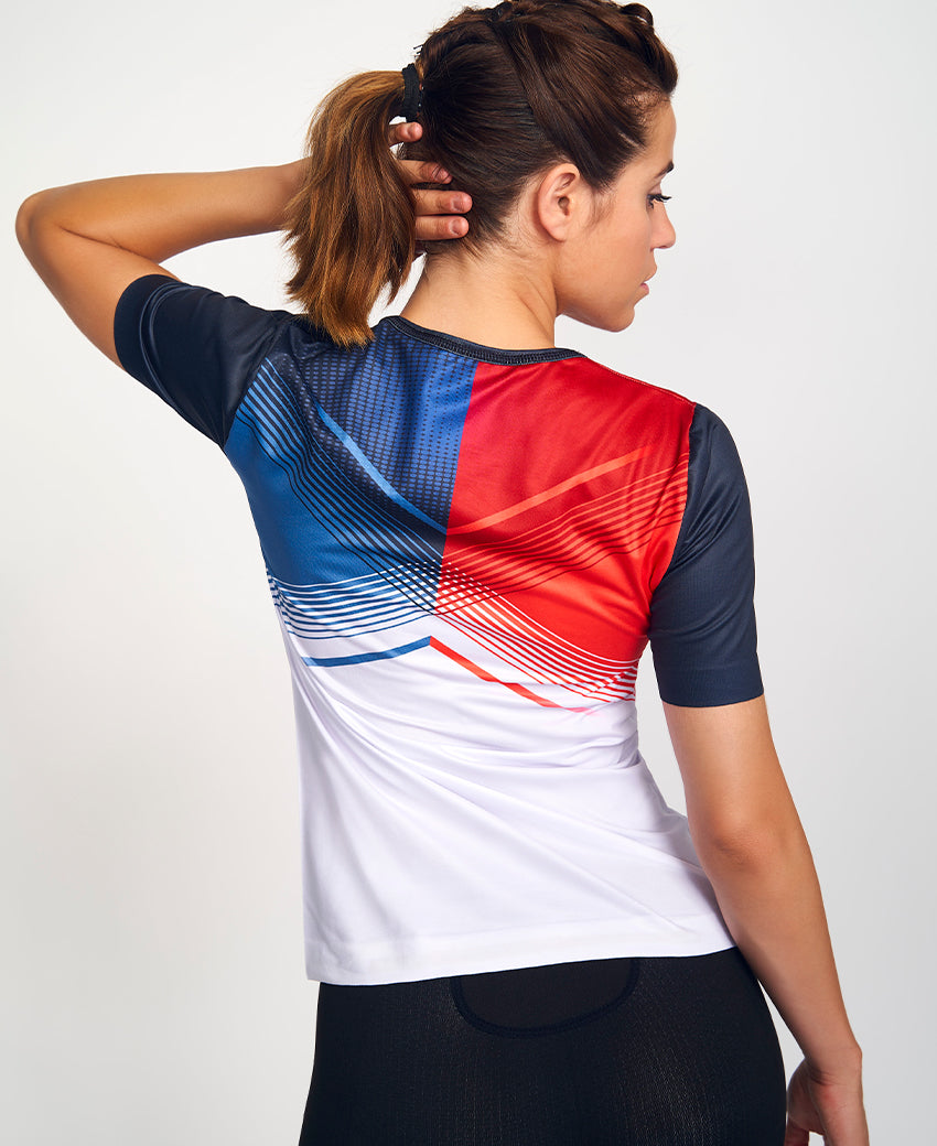 Tee-shirt DYNAMO femme imprimé rouge bleu et blanc